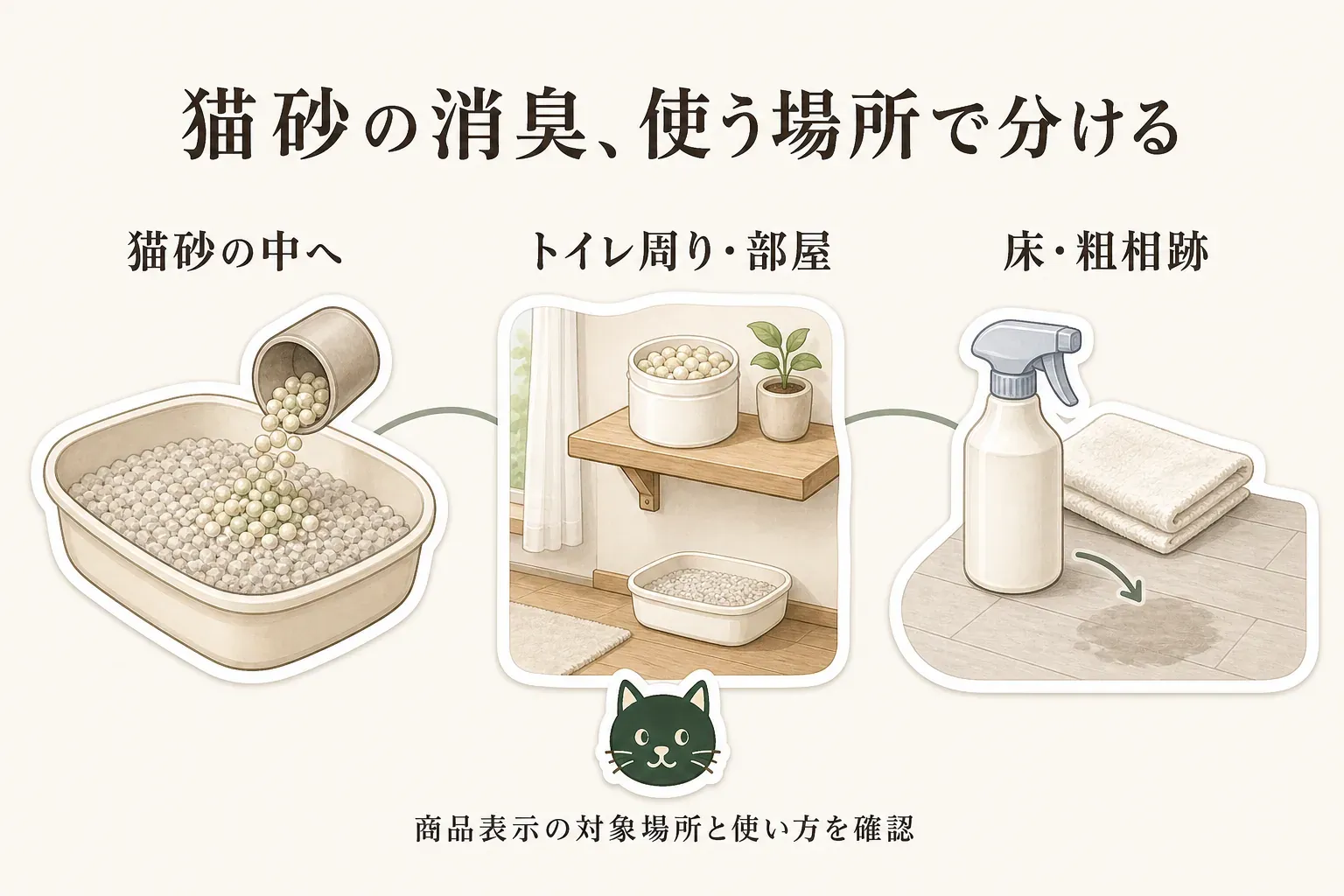 猫用消臭剤を使う場所の違いを示す図。猫砂の中へ直接まく消臭ビーズ、猫トイレの外や部屋に置く無香料の置き型ビーズ、排泄後の床・布・粗相跡へ使うスプレーを描き、それぞれ対象場所と商品表示の確認が必要なことを案内している。
