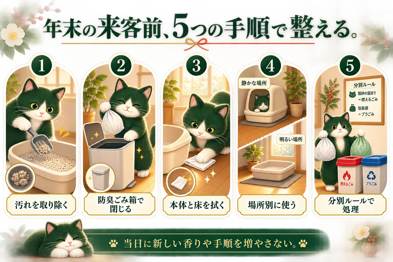 年末の来客前に猫トイレ周りを整える5つの手順を示す図。猫砂の汚れを取り除く、防臭ごみ箱で閉じる、トイレ本体と床を拭く、消臭剤を場所別に使う、自治体の分別ルールで処理する流れと、当日に新しい香りや手順を増やさないことを描いている。
