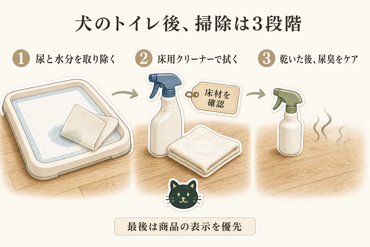 犬のトイレ後の床掃除を3段階で示した図。尿と水分を取り除き、床材を確認して床用クリーナーで拭き、乾いた後に尿臭向けスプレーでケアする流れと、最後は商品の表示を優先することを描いている。