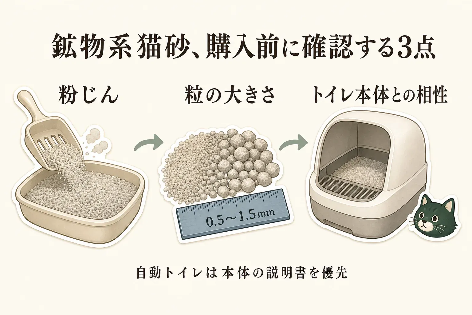 鉱物系猫砂の購入前に確認する3点。猫砂を入れる場面の粉じん、0.5〜1.5mmの例を示した粒の大きさ、猫用自動トイレ本体との相性を順に確認し、自動トイレは本体の説明書を優先することを示した図。