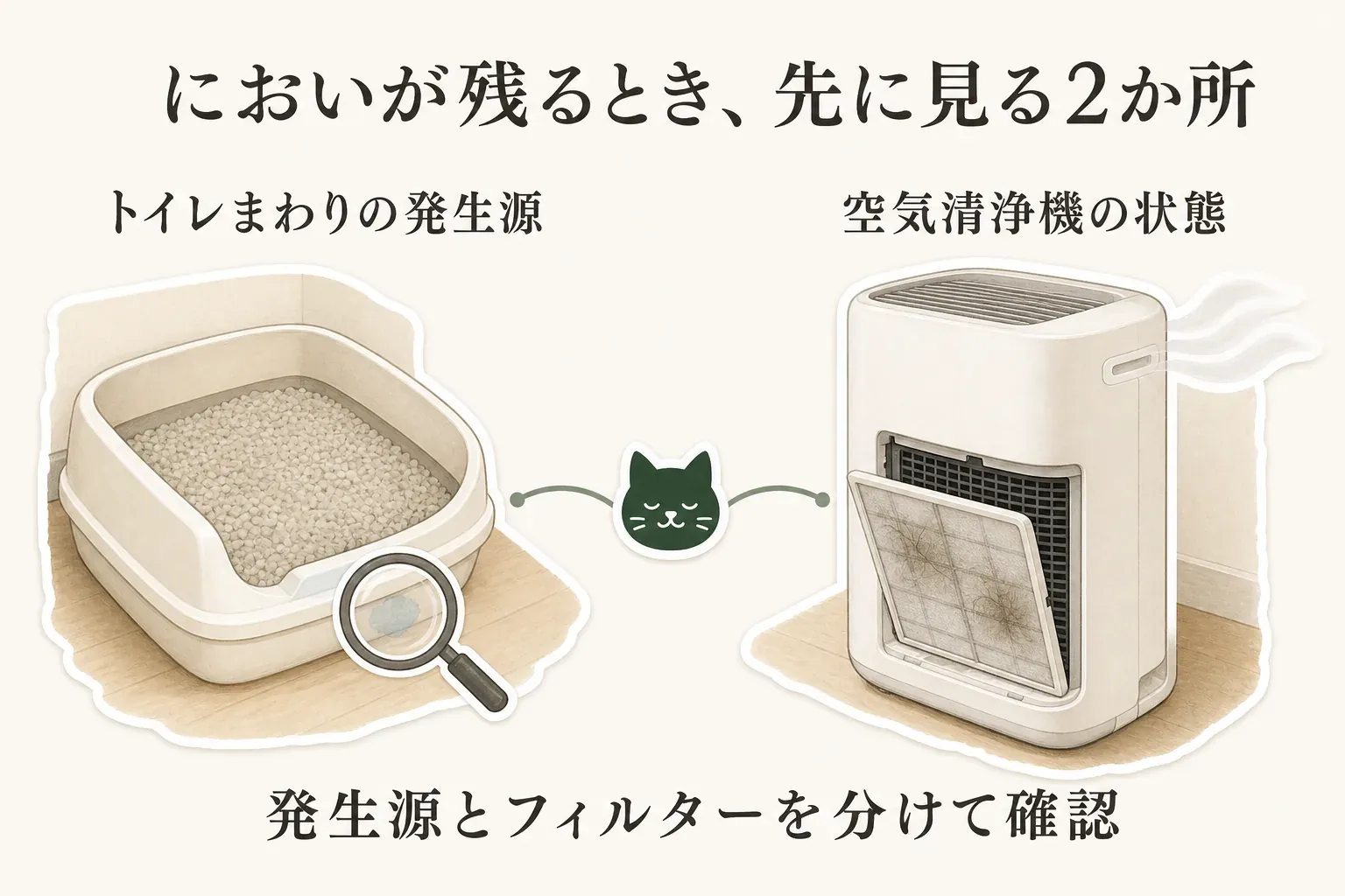 においが残るときに先に見る2か所を示した図。猫のトイレまわりの汚れやにおいの発生源と、毛やほこりが付いたフィルターを開けた空気清浄機の状態を分けて確認する様子を描いている。