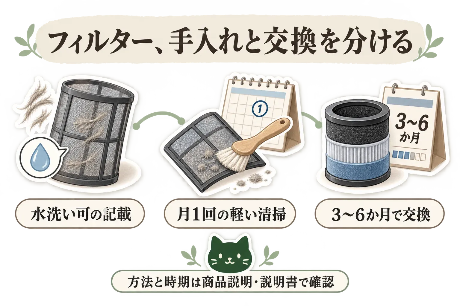フィルターの手入れと交換を分けて確認する図。水洗い可能と記載されたフィルター、月1回の軽い清掃、3〜6か月での交換という例を並べ、方法と時期は商品説明・取扱説明書で確認することを示している。