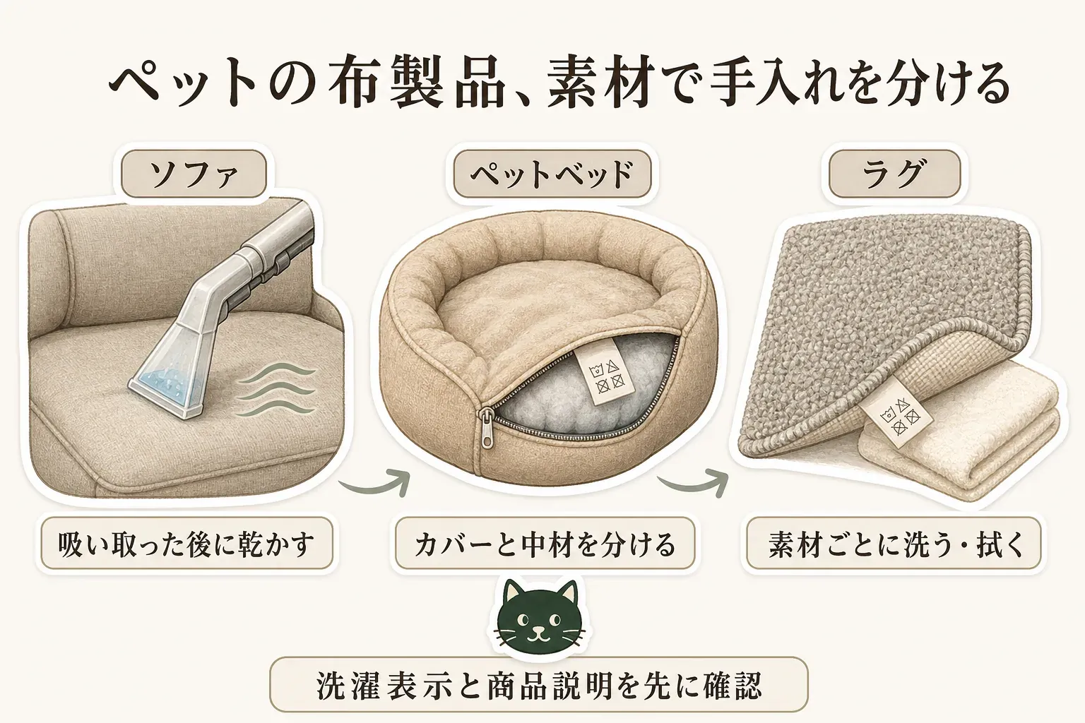 ペットの布製品を素材別に手入れする役割を示した図。ソファはリンサーで吸い取った後に乾かす、ペットベッドはカバーと中材を分ける、ラグは素材ごとに洗う・拭くを選ぶ流れと、洗濯表示・商品説明を先に確認することを描いている。