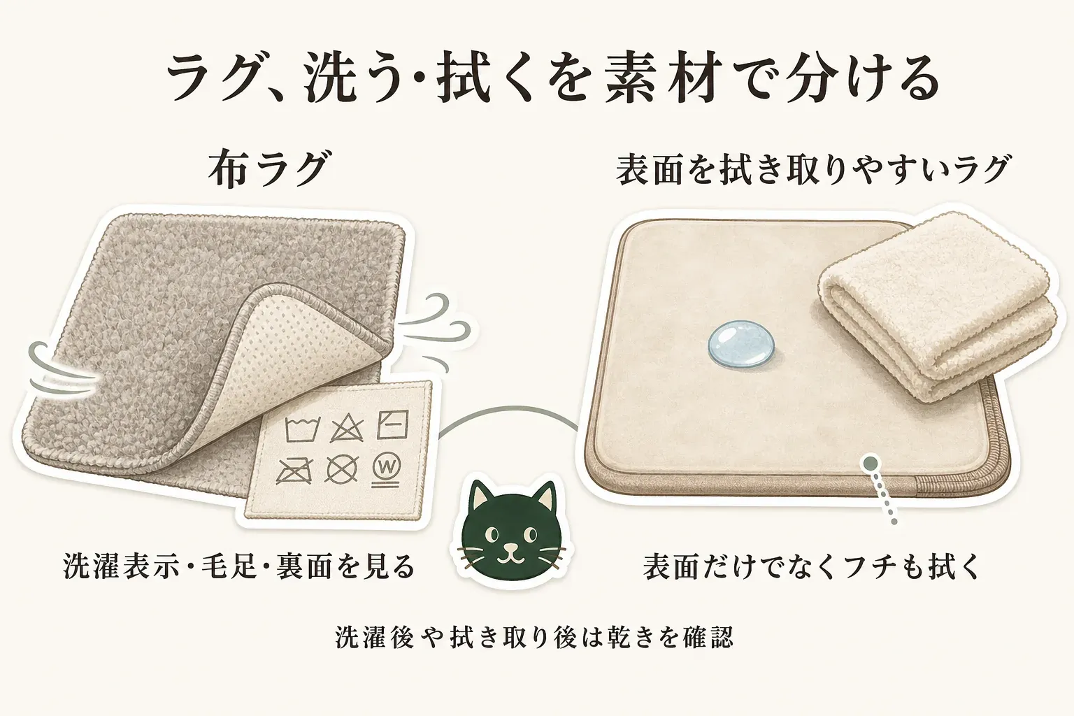 ラグを素材別に洗う・拭くで分ける図。布ラグは洗濯表示・毛足・裏面を確認し、表面を拭き取りやすいラグは水滴を拭き取るとともにフチも拭くこと、どちらも手入れ後に乾きを確認することを描いている。