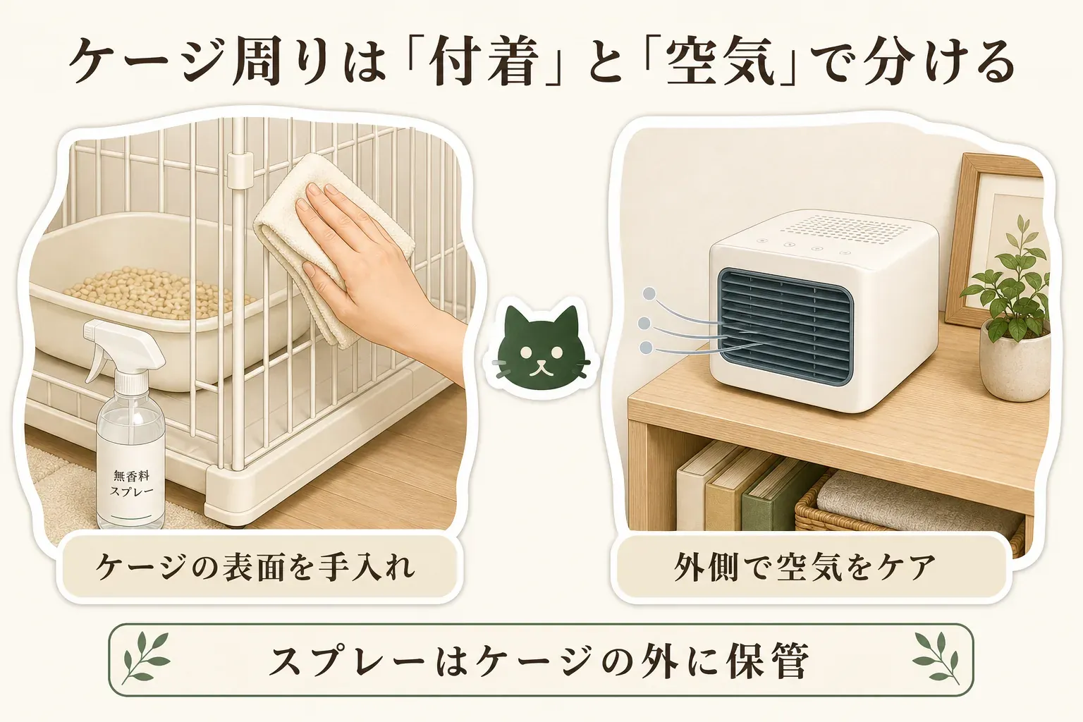 ケージ周りを「付着」と「空気」に分ける図。左ではケージの柵とトイレ容器の表面を無香料スプレーと布で手入れし、右ではケージの外側の棚に置いた小型脱臭機で空気をケアする様子と、スプレーをケージの外に保管することを示している。