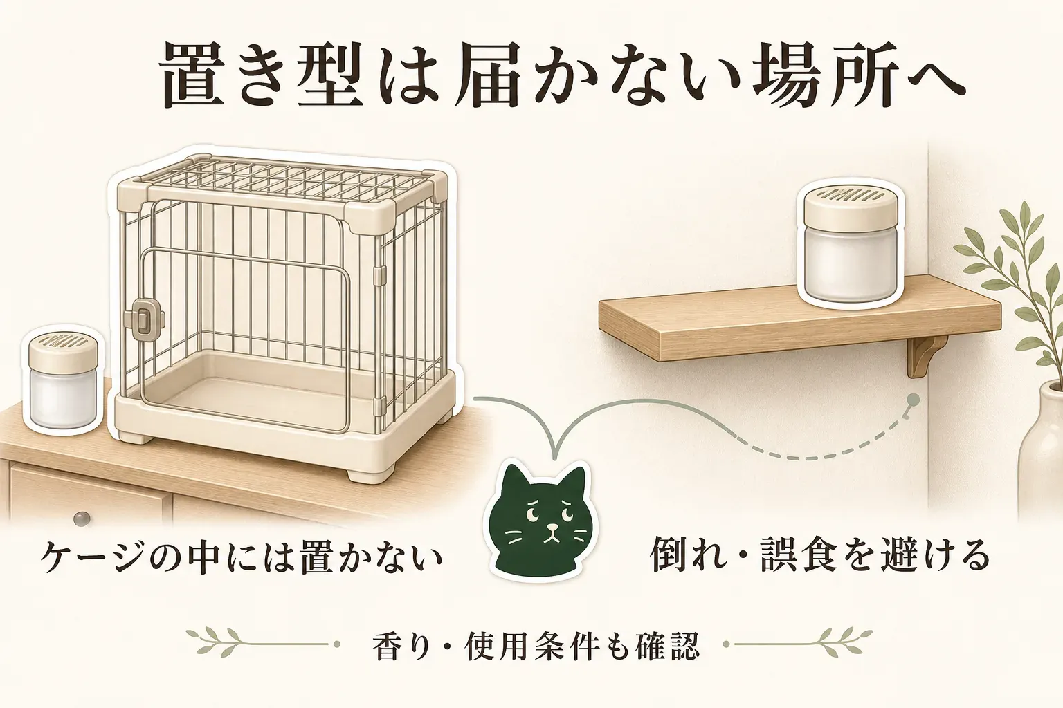 置き型消臭剤をペットが届かない場所に置く図。ケージの中には置かず、壁の固定棚の上へ置いて倒れや誤食を避けること、香りと使用条件も確認することを示している。