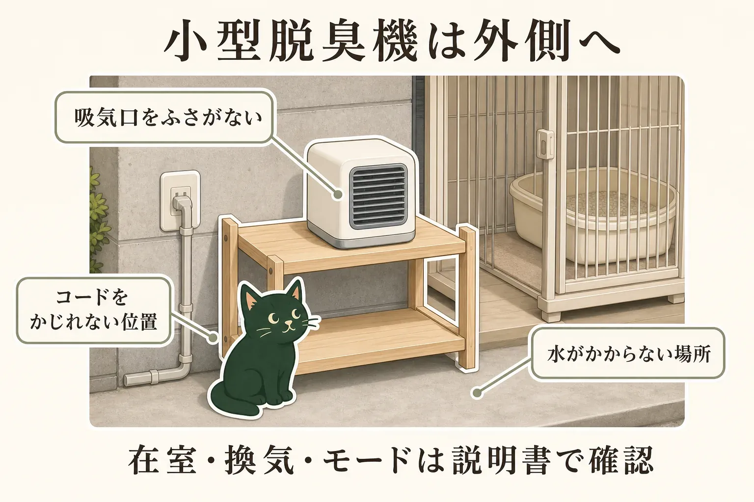 小型脱臭機をケージの外側へ置くときの確認図。棚の上の脱臭機は吸気口をふさがず、電源コードは猫がかじれない位置に通し、水がかからない場所に置くこと、在室・換気・運転モードは取扱説明書で確認することを示している。