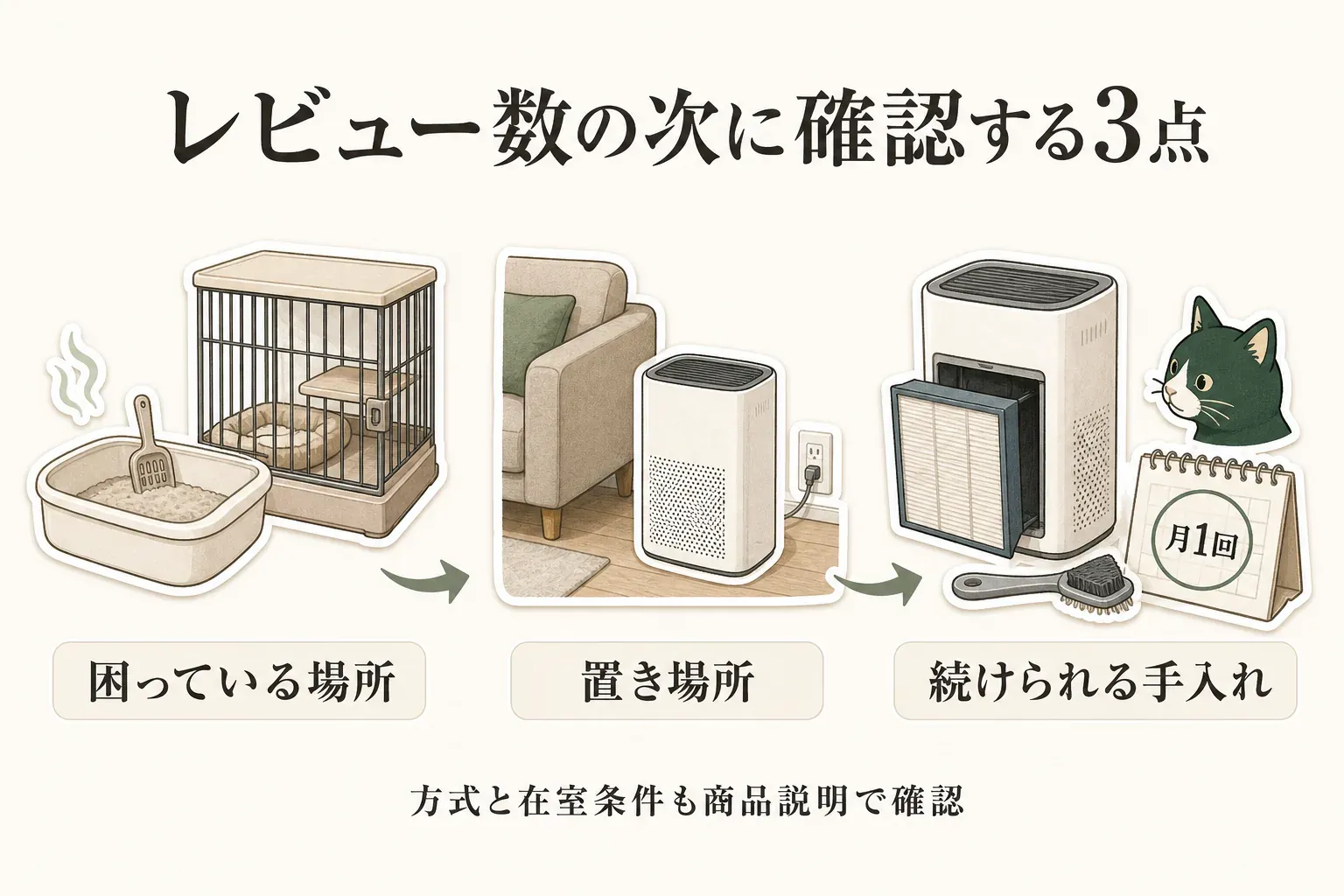 レビュー数の次に確認する3点を示す図。猫のトイレとケージで困っている場所を確認し、室内の置き場所を決め、フィルターと本体を月1回手入れできるかを見る流れと、方式・在室条件も商品説明で確認することを描いている。
