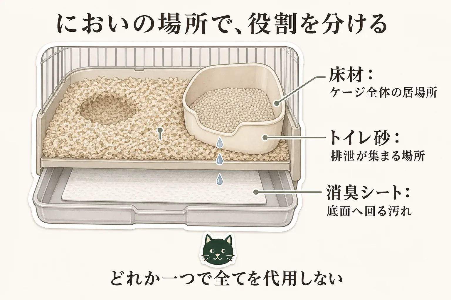 小動物ケージの断面図で、床材はケージ全体の居場所、トイレ砂は排泄が集まる場所、消臭シートは底面へ回る汚れを受け持つことを示す図。どれか一つですべてを代用しないよう案内している。