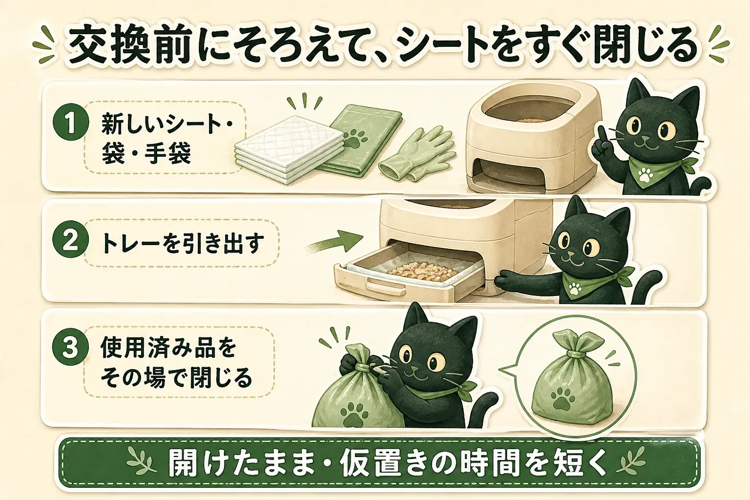 システムトイレのシート交換準備を3段階で示した図。新しいシート・処理用の袋・手袋を用意し、トレーを引き出し、使用済みシートをその場で袋に閉じて、開けたままや仮置きの時間を短くする流れを描いている。